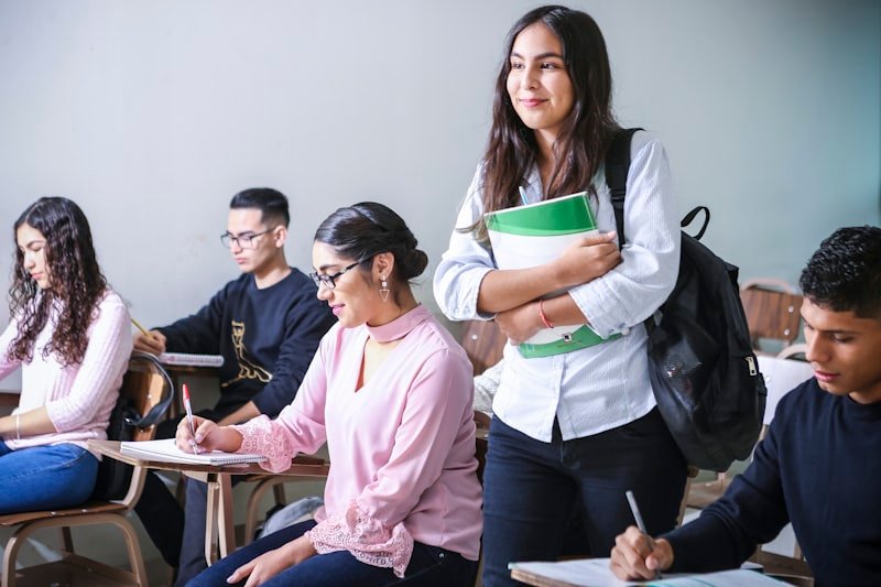 Students collaborating in a bright modern classroom